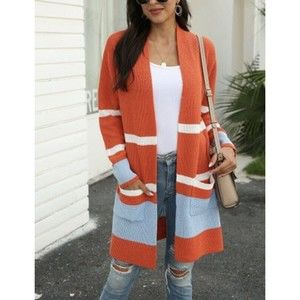 Amasoo Orange & Blue Stripe Open Knit Cardigan Pockets Small S Women & Juniors